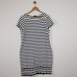 Talbots Womens Striped Cotton Sheath Dress Black White Lace Hem Size L Classic